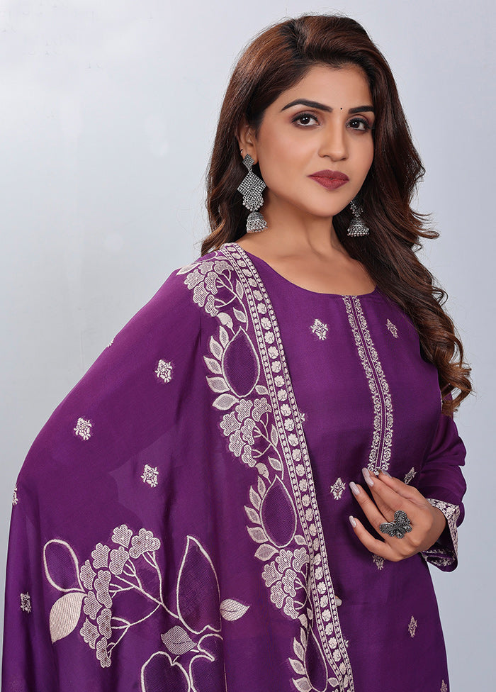 3 Pc Purple Readymade Viscose Suit Set - Indian Silk House Agencies