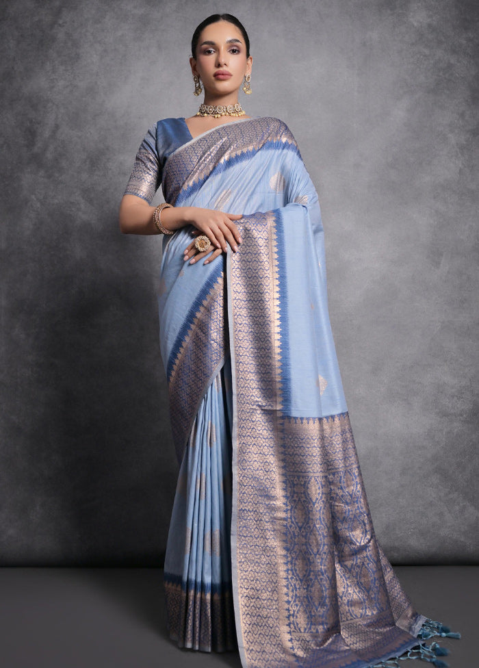 Blue Dupion Silk Saree With Blouse Piece - Indian Silk House Agencies