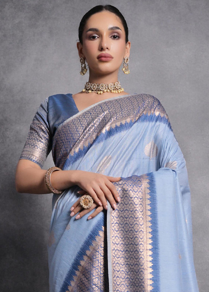 Blue Dupion Silk Saree With Blouse Piece - Indian Silk House Agencies