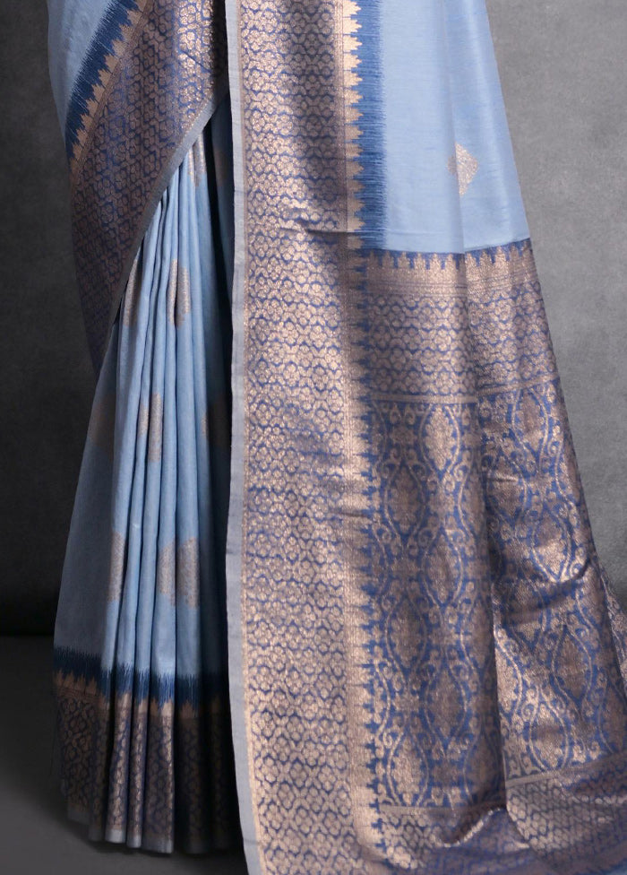 Blue Dupion Silk Saree With Blouse Piece - Indian Silk House Agencies