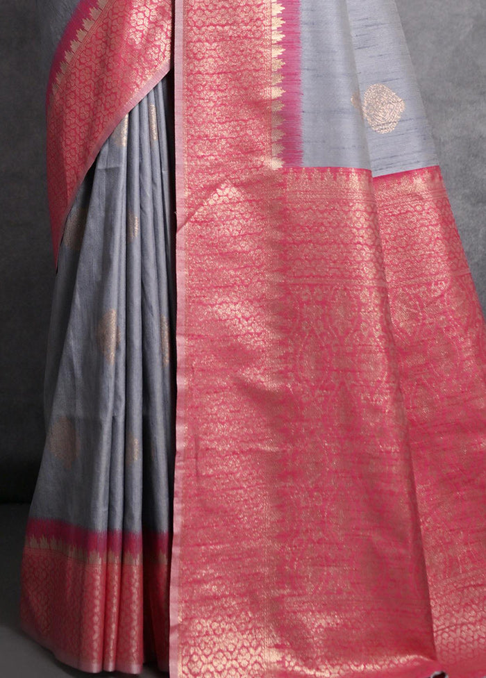 Grey Dupion Silk Saree With Blouse Piece - Indian Silk House Agencies