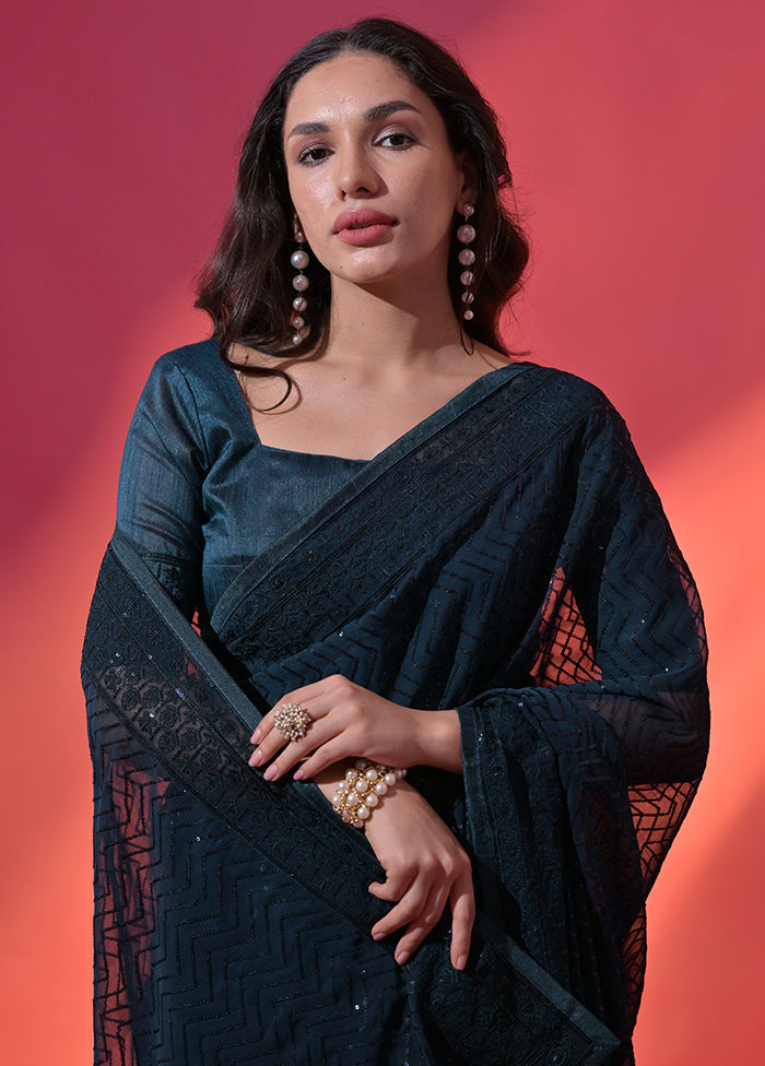 Teal Blue Georgette Saree With Blouse Piece - Indian Silk House Agencies