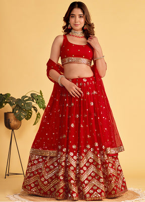 3 Pc Red Georgette Semi Stitched Lehenga Set - Indian Silk House Agencies