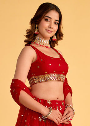 3 Pc Red Georgette Semi Stitched Lehenga Set - Indian Silk House Agencies