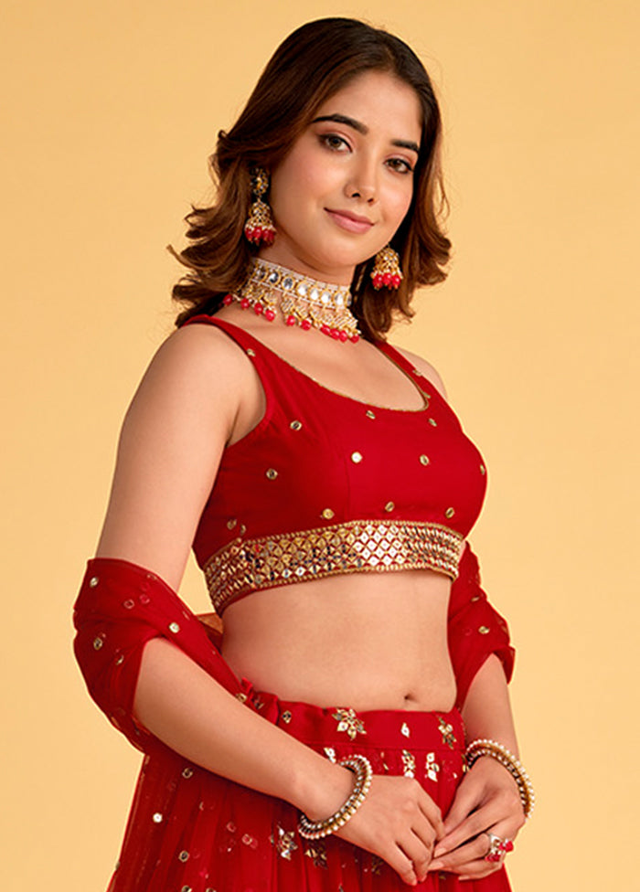 3 Pc Red Georgette Semi Stitched Lehenga Set - Indian Silk House Agencies