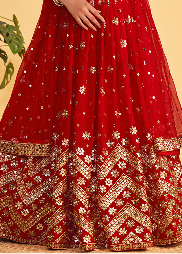 3 Pc Red Georgette Semi Stitched Lehenga Set - Indian Silk House Agencies
