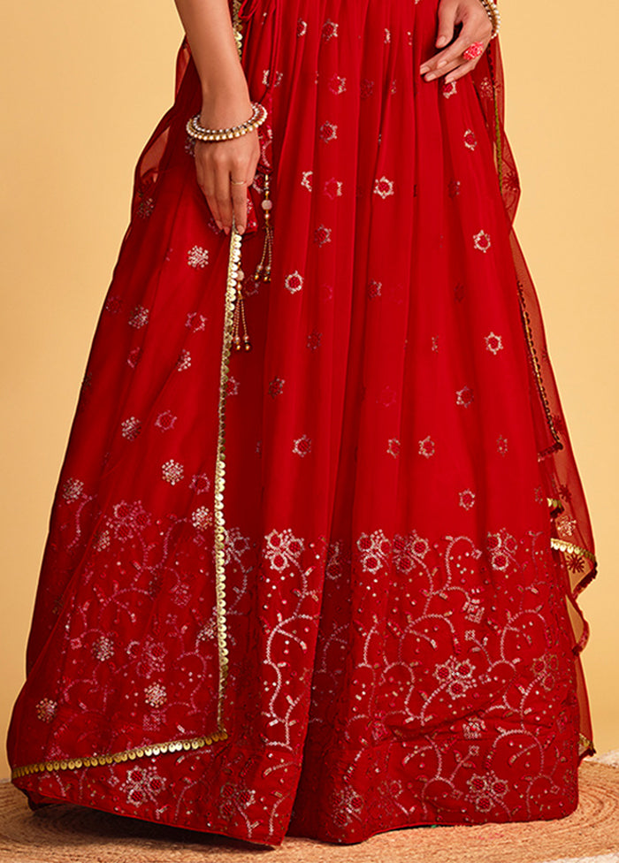 3 Pc Red Georgette Semi Stitched Lehenga Set - Indian Silk House Agencies