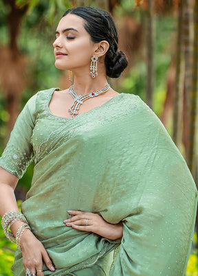 Green Satin Silk Saree With Blouse Piece