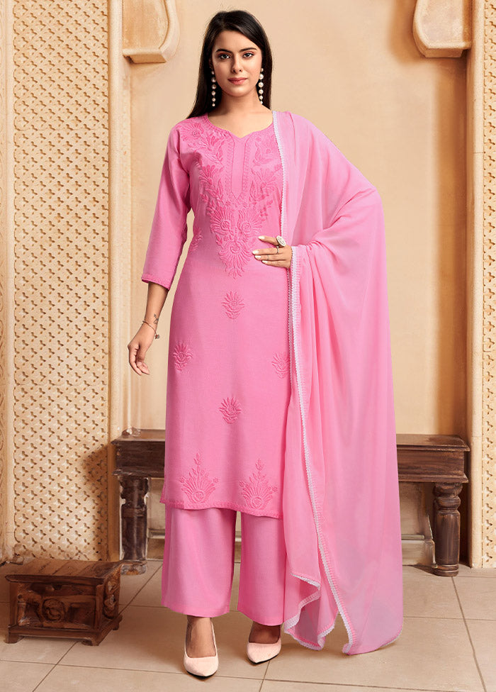 3 Pc Pink Readymade Rayon Suit Set