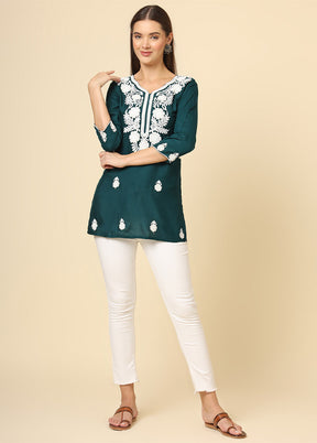 Teal Readymade Rayon Short Kurti