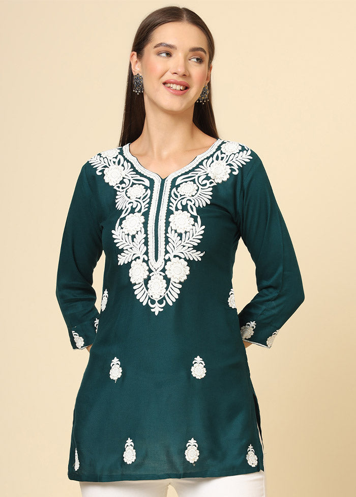 Teal Readymade Rayon Short Kurti