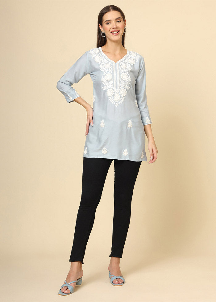 Grey Readymade Rayon Short Kurti