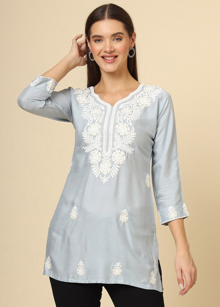 Grey Readymade Rayon Short Kurti