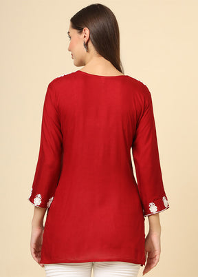 Red Readymade Rayon Short Kurti