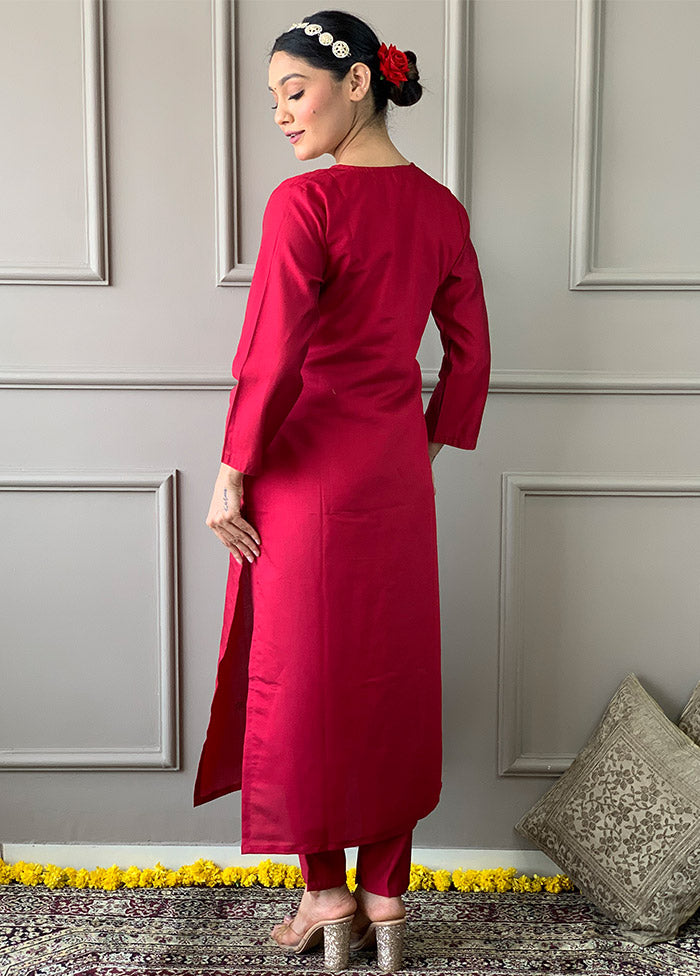 3 Pc Red Readymade Viscose Suit Set