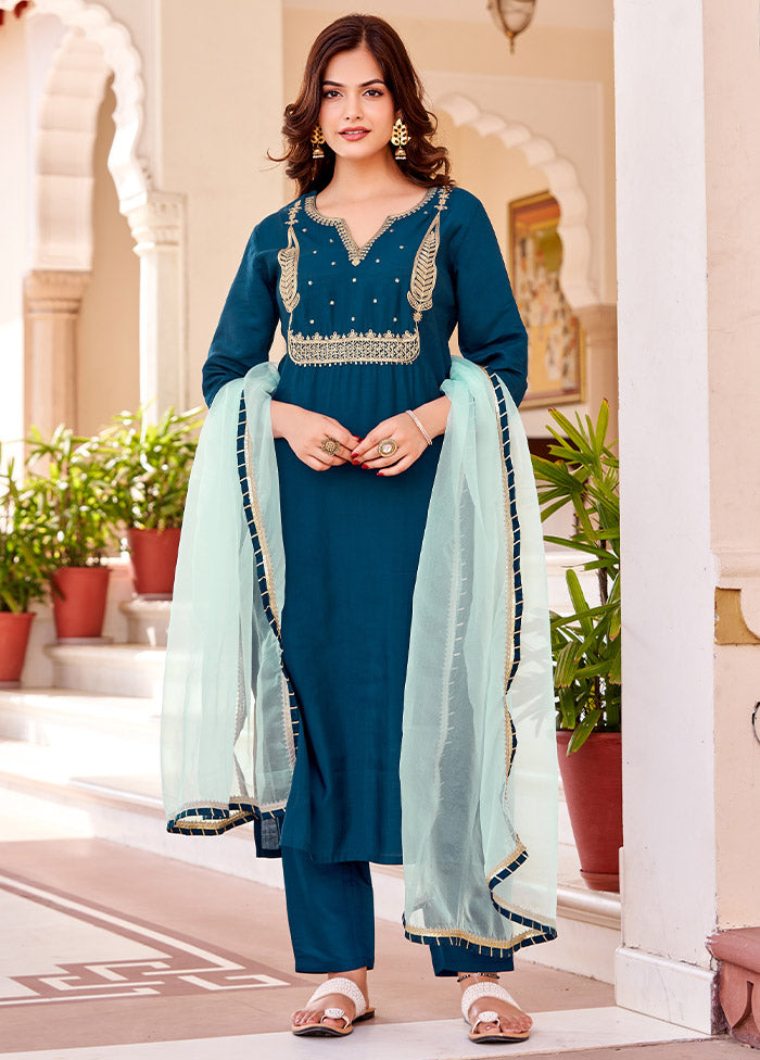 3 Pc Teal Readymade Silk Suit Set