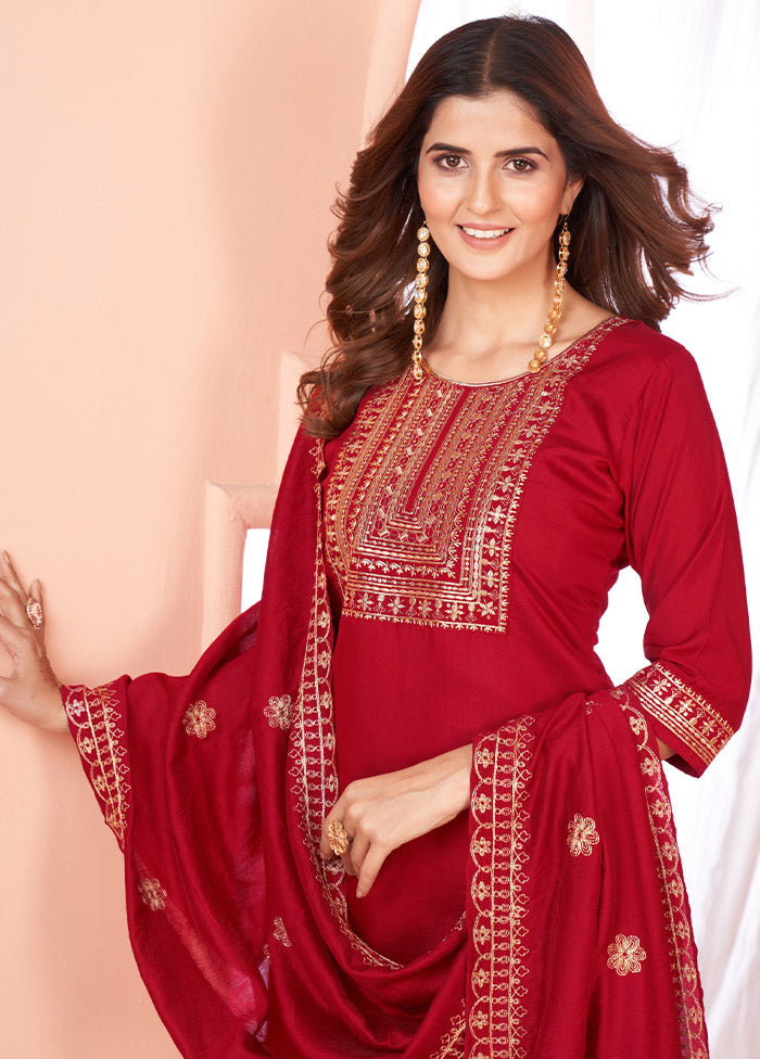 3 Pc Maroon Readymade Viscose Suit Set