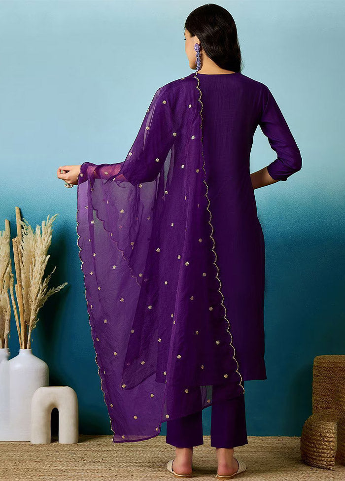 3 Pc Purple Readymade Chanderi Suit Set