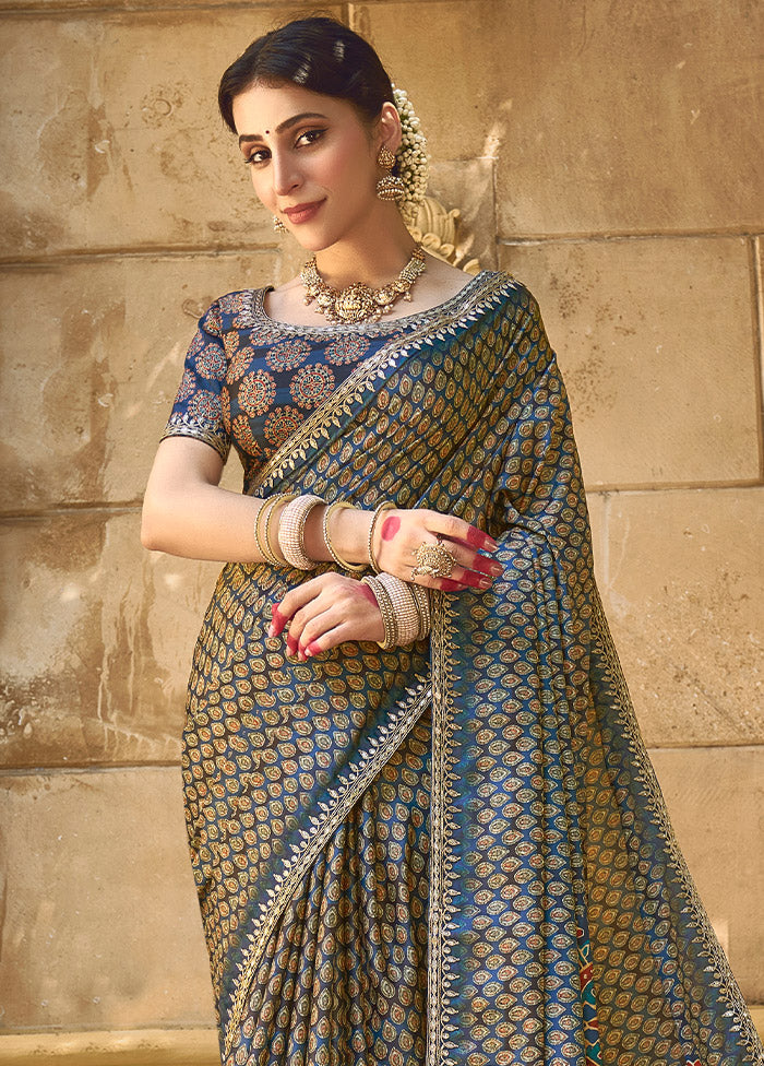 Navy Blue Dupion Silk Saree With Blouse Piece