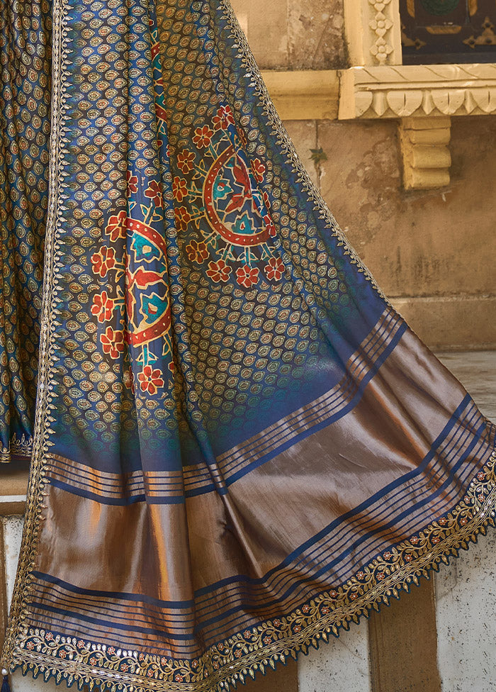 Navy Blue Dupion Silk Saree With Blouse Piece