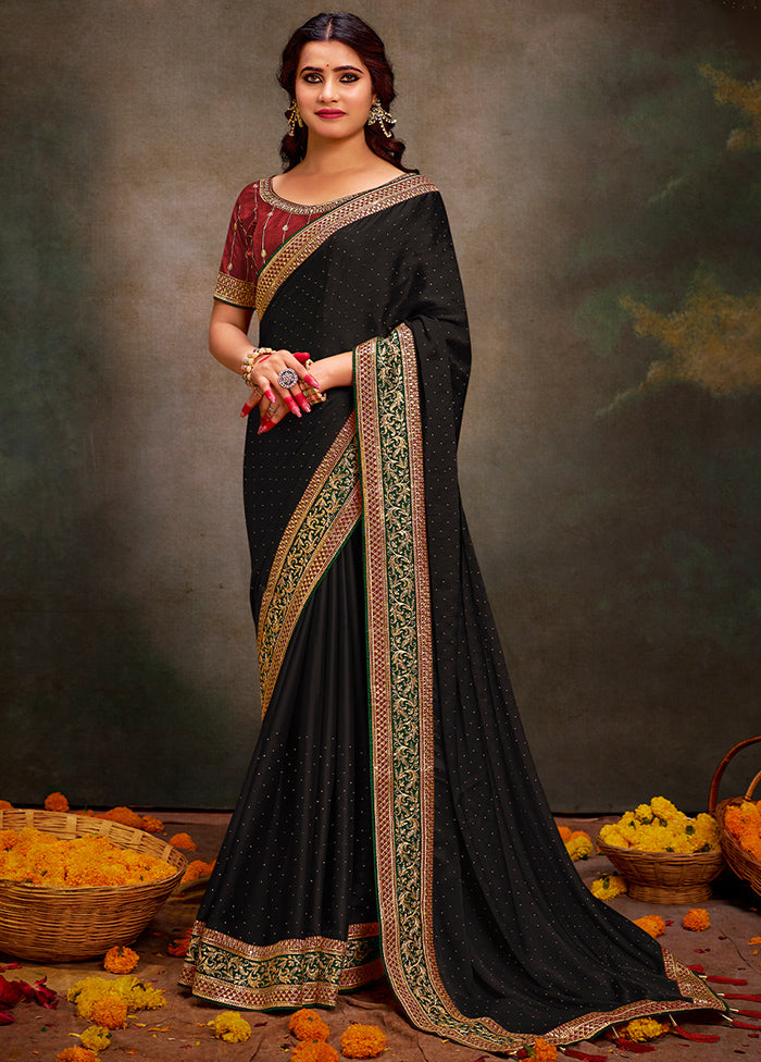 Black Satin Silk Saree With Blouse Piece