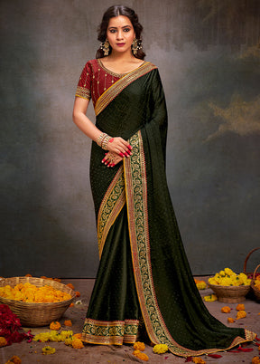 Mehendi Satin Silk Saree With Blouse Piece