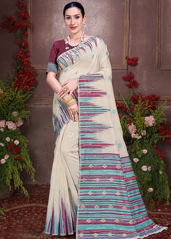 Off White Cotton Saree With Blouse Piece