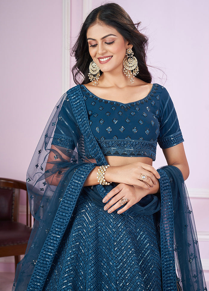 Blue Georgette Semi Stitched Lehenga Set