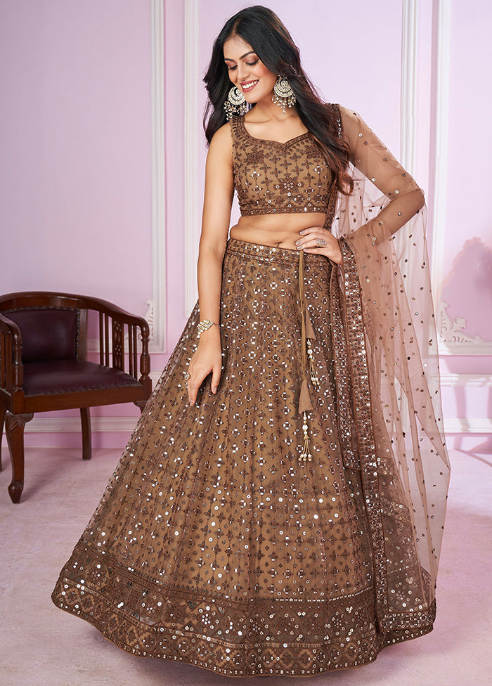 Brown Net Semi Stitched Lehenga Set