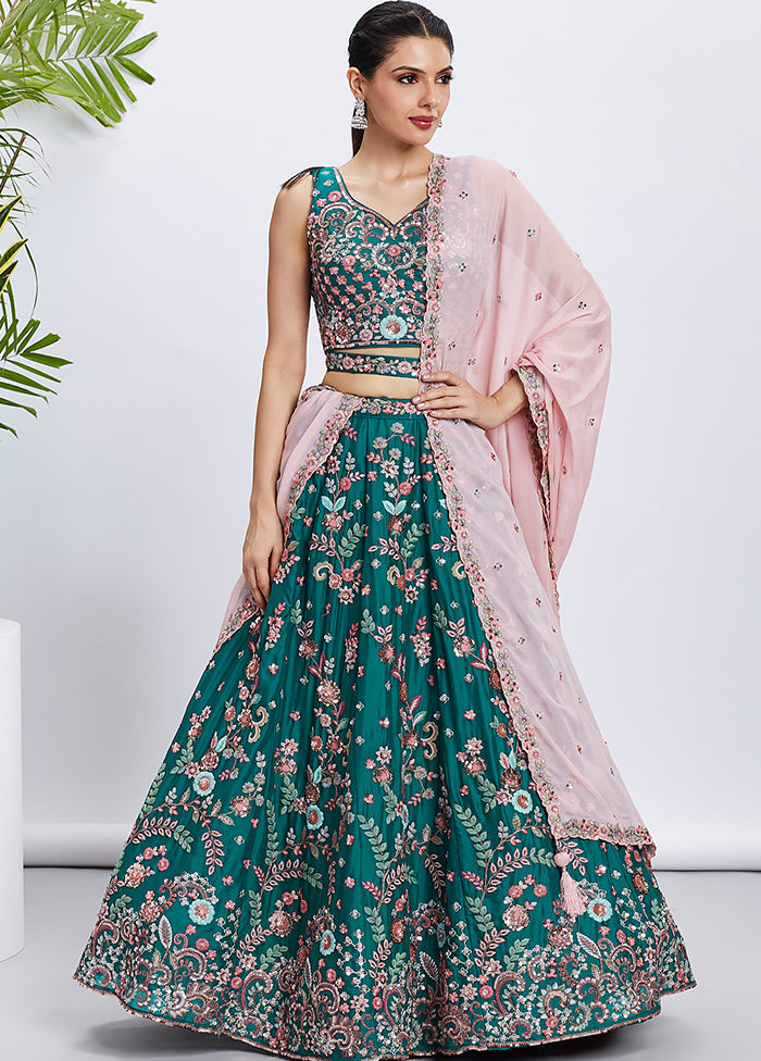 Green Georgette Semi Stitched Lehenga Set