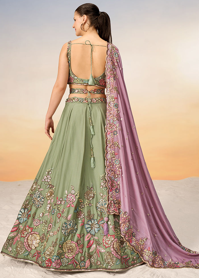 Lime Green Georgette Semi Stitched Lehenga Set