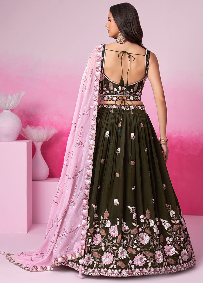 Olive Green Silk Semi Stitched Lehenga Set