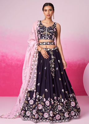 Purple Silk Semi Stitched Lehenga Set