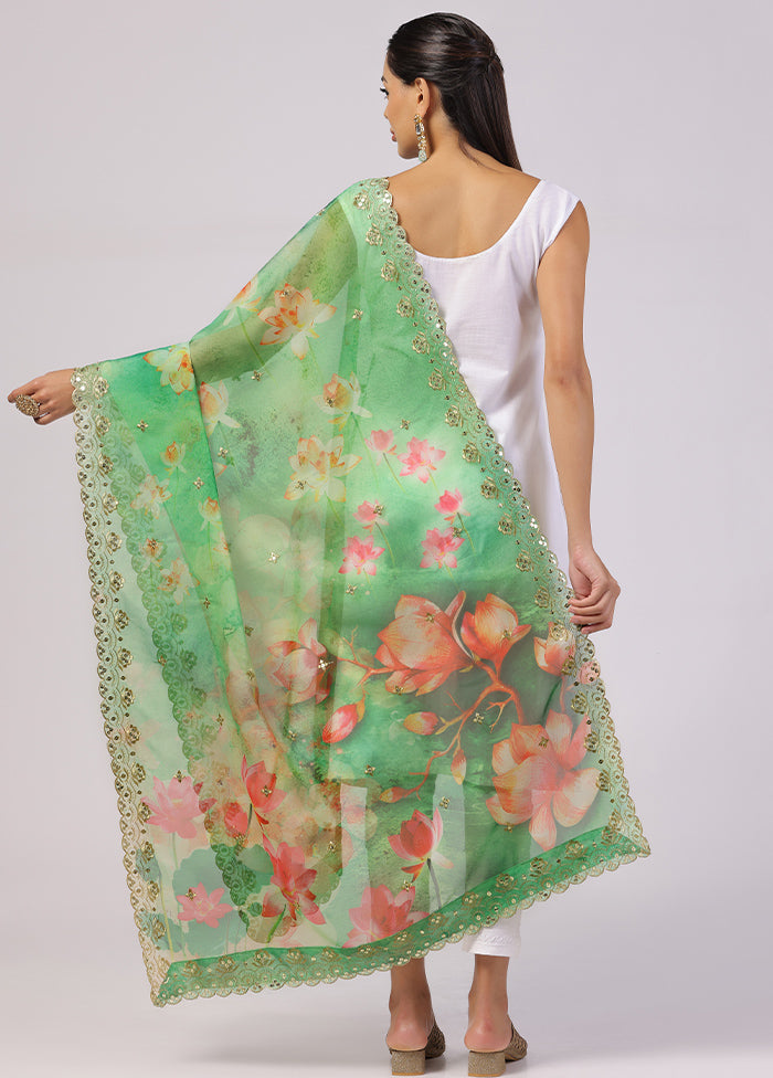 Green Organza Designer Digital Printed Work Dupatta