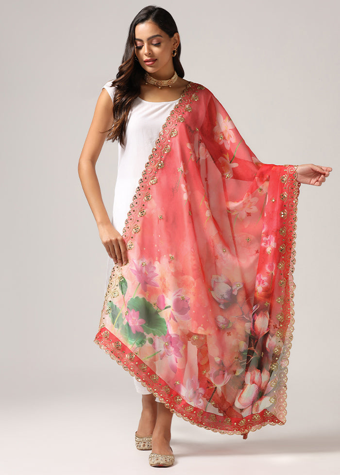 Red Organza Designer Digital Printed Work Dupatta