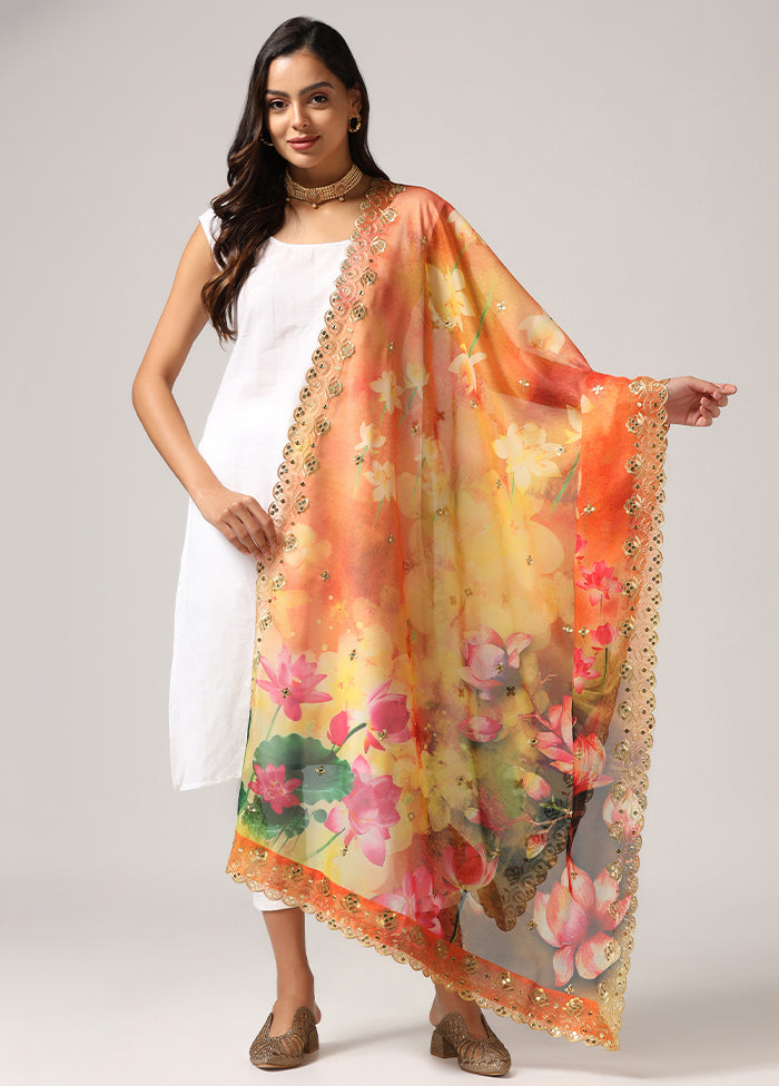 Yellow Organza Designer Digital Printed Work Dupatta