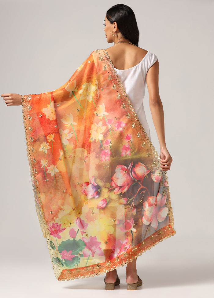 Yellow Organza Designer Digital Printed Work Dupatta