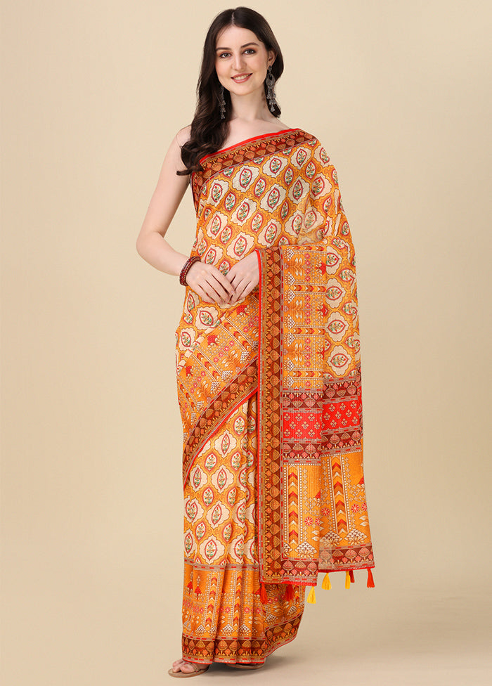 Orange Linen Silk Saree With Blouse Piece