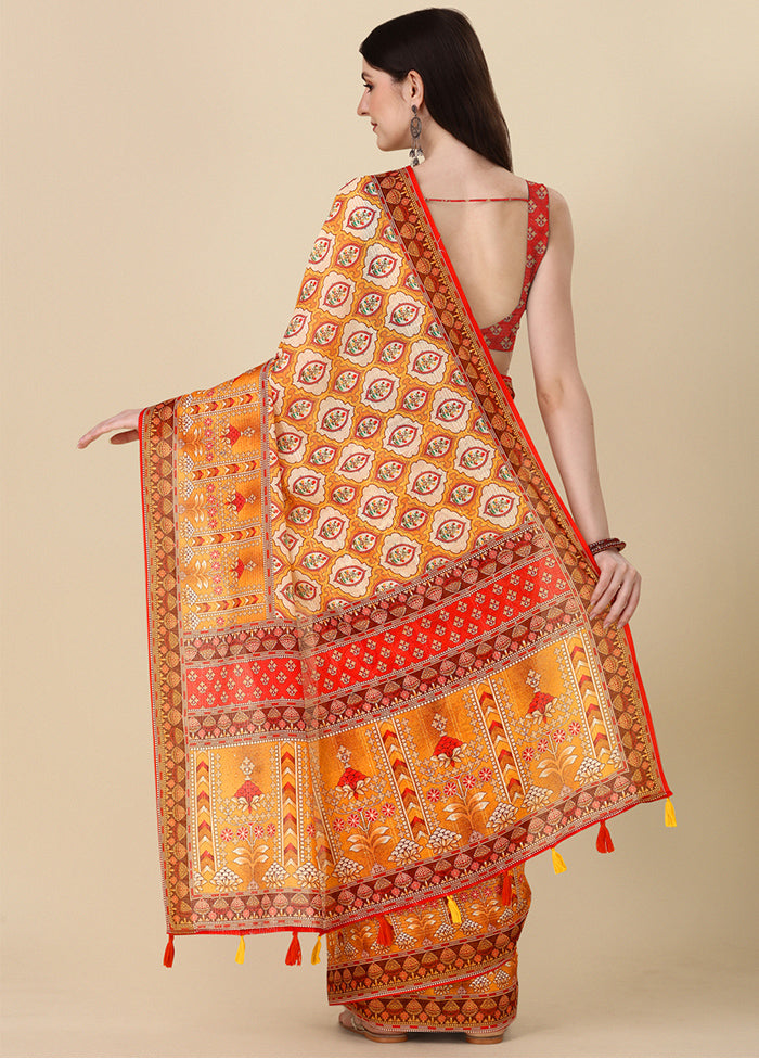 Orange Linen Silk Saree With Blouse Piece