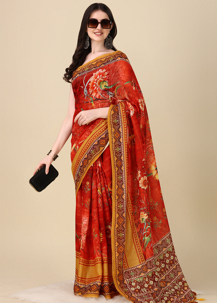 Red Linen Silk Saree With Blouse Piece