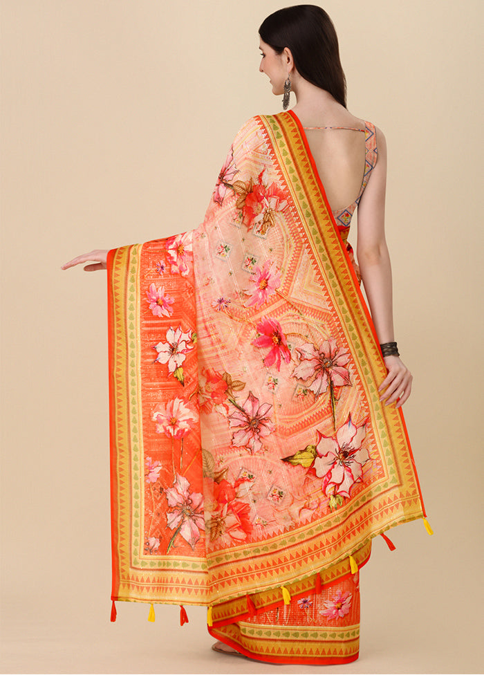 Peach Linen Silk Saree With Blouse Piece