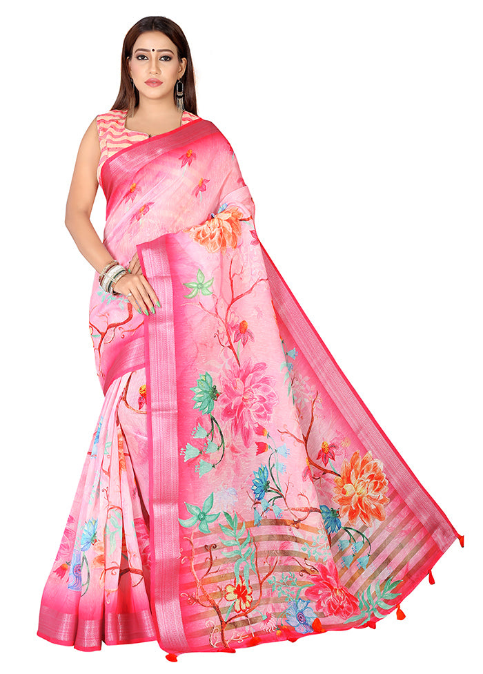 Pink Linen Silk Saree With Blouse Piece