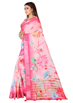 Pink Linen Silk Saree With Blouse Piece