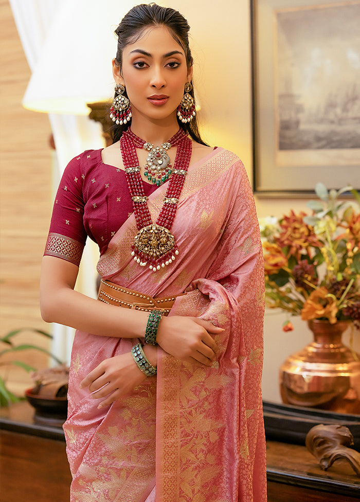 Pink Satin Silk Saree With Blouse Piece