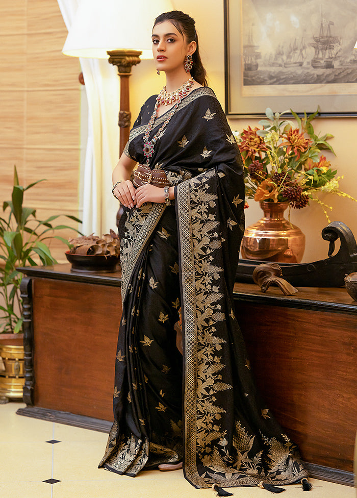 Black Satin Silk Saree With Blouse Piece