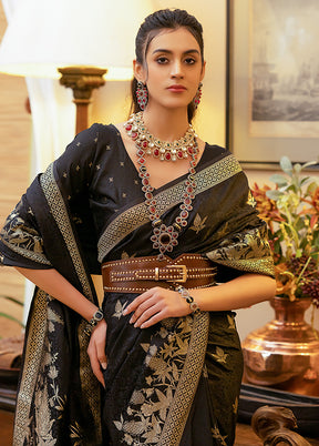 Black Satin Silk Saree With Blouse Piece