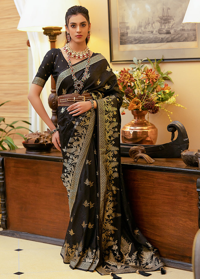 Black Satin Silk Saree With Blouse Piece