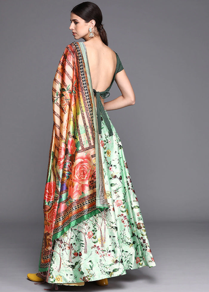 Green Silk Semi Stitched Lehenga Set