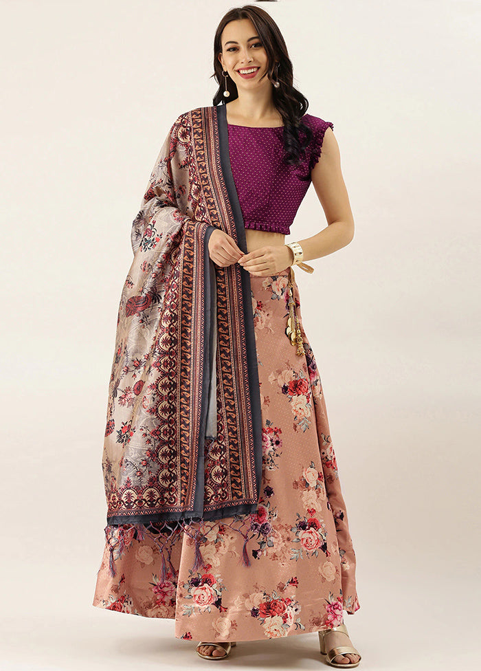 Peach Silk Semi Stitched Lehenga Set