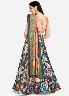 Teal Silk Semi Stitched Lehenga Set